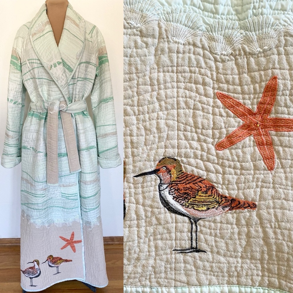 Vintage-Inspired Quilted Beach Robe *Large/XL/Tall* GREEN Embellished Quilt Coat
